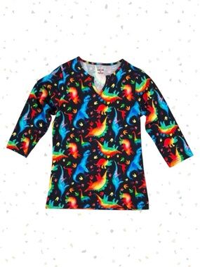 Svaha Rainbowsaurus Split Neck Tunic Top 3/4 Sleeve Colorful Dinosaur Tee Size S